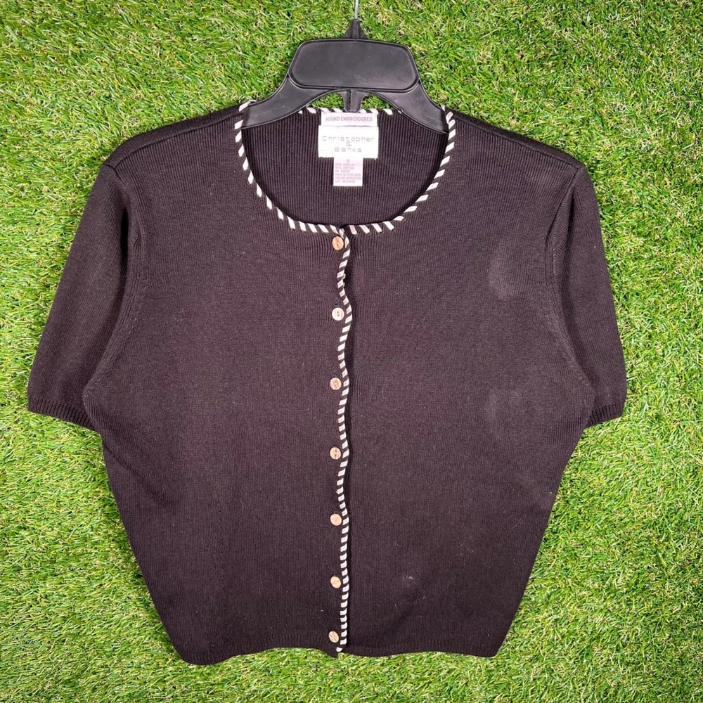 Christopher & Banks Black Short Sleeve Cardigan Hand Embroidered Trim Small 4664